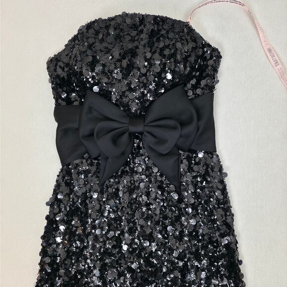 Ieena Mac Duggal Black Strapless Sequin Evening Gown With Bow Sz 4 NWT - Picture 3 of 11